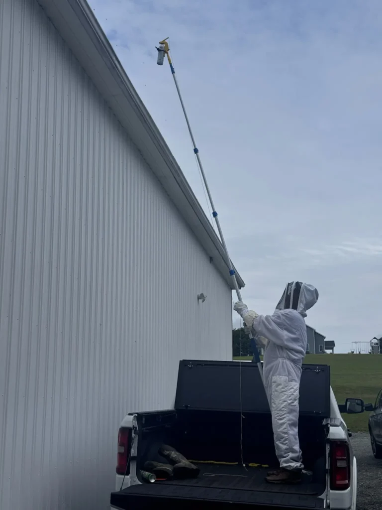 Dan spraying bees on a barn